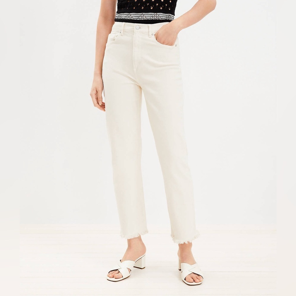 Loft Straight Jean in Ecru High Rise Frayed Hem Size 31 NWT Crop Ankle